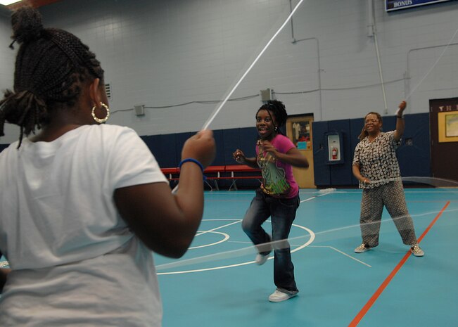 Monae Mitchell does double dutch at the Youth Programs gym on Charleston AFB Sept. 12. The jump roping activity was part of FitFactor, which is a program designed to help keep kids active. Monae is the 10-year-old daughter of Marion Mitchell. (U.S. Air Force photo/Airman 1st Class Katie Gieratz)