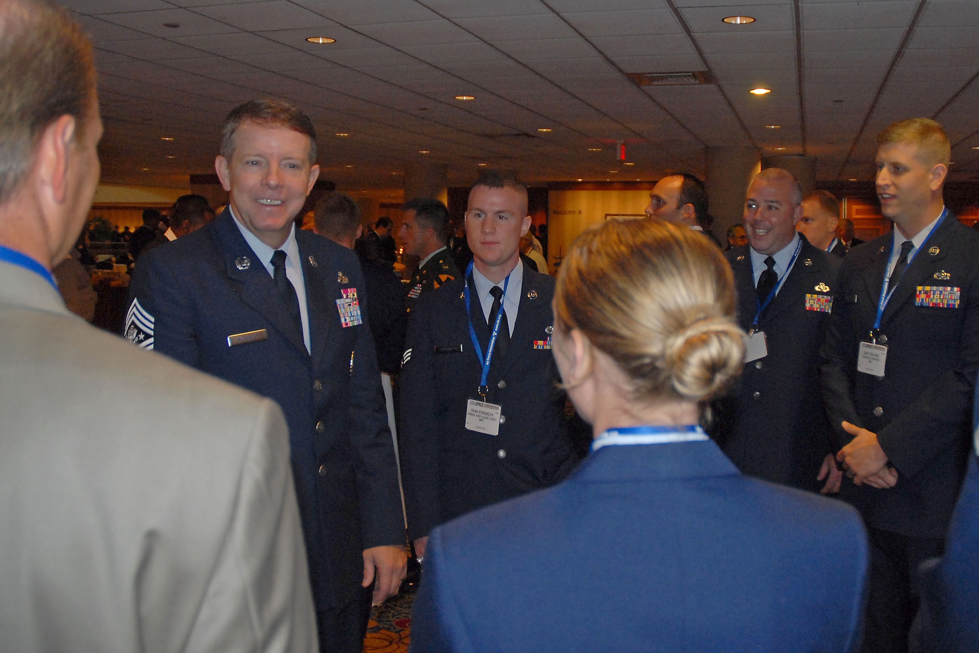 Chief Master Sgt. of the Air Force Rodney McKinley talks to Team Charleston members prior to the start of the Air Force Association?s Air & Space Conference and Technology Exposition in Washington, D.C., Sept. 15. The 437th Airlift Wing was named the Verne Orr Award recipient in May and went to the conference to accept the award. (U.S. Air Force photo/Airman 1st Class Melissa White)
