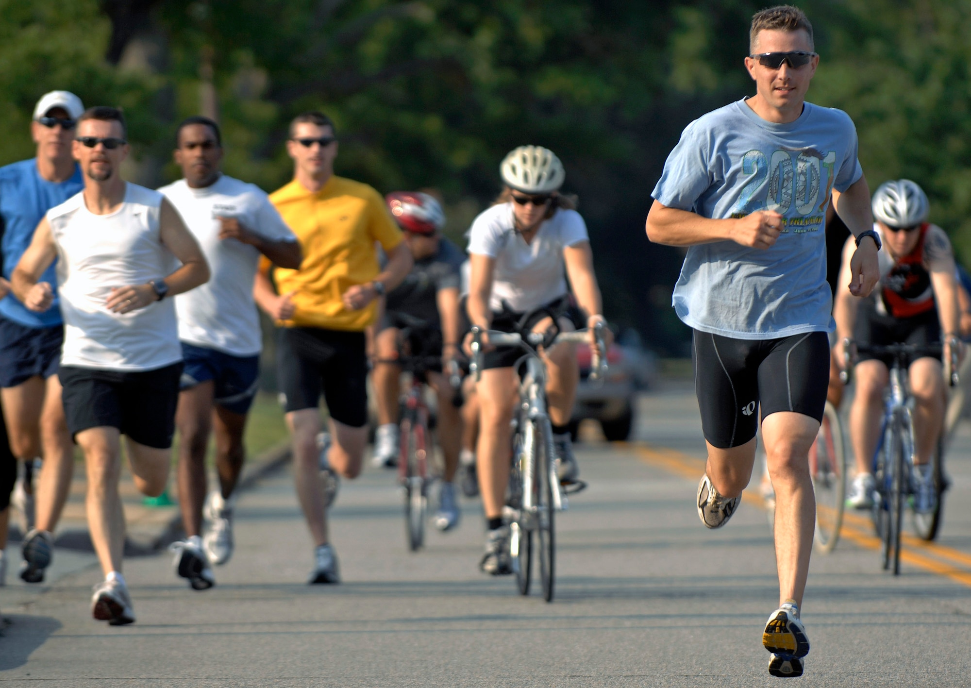 Maj. Ryan Krietsch led all participants in a duathlon sponsored by the 1st Force Support Squadron at Langley Air Force Base, Va., Aug. 15. A duathlon is an 8-mile exercise designed to challenge each participant's physical endurance with cycling and running. The 1st FSS organizes an event monthly to continue encouraging physical fitness as the Air Force exercises the fit-to-fight mentality. Major Krietsch is assigned to Air Combat Command Operations. (U.S. Air Force photo/Senior Airman Vernon Young)