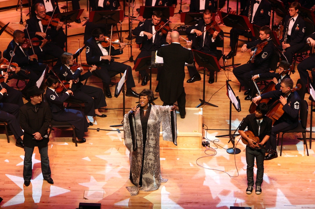 The U.S. Air Force Band TV Special titled "America's Veterans: A Musical Tribute" was taped at the Music Center at Strathmore in North Bethesda, Md. The show features appearances by Patti LaBelle, Clint Black, Cliff Robertson and Jake Shimabukuro. The special will air nationally on public television and overseas on American Forces Network over the 2008 Veterans Day holiday. (Official Air Force photo by Senior Master Sgt. Robert Mesite)