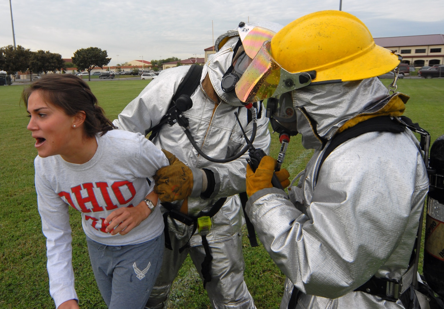 A victim of a simulated bomb explosion reacts to the scenario Sept. 16. On the heels of supporting the search and rescue mission for Hurricane Ike, Team Randolph members continued to demonstrate their level of readiness and attention to detail while conducting an explosion and hazardous materials exercise. (U.S. Air Force photo by Steve White.)