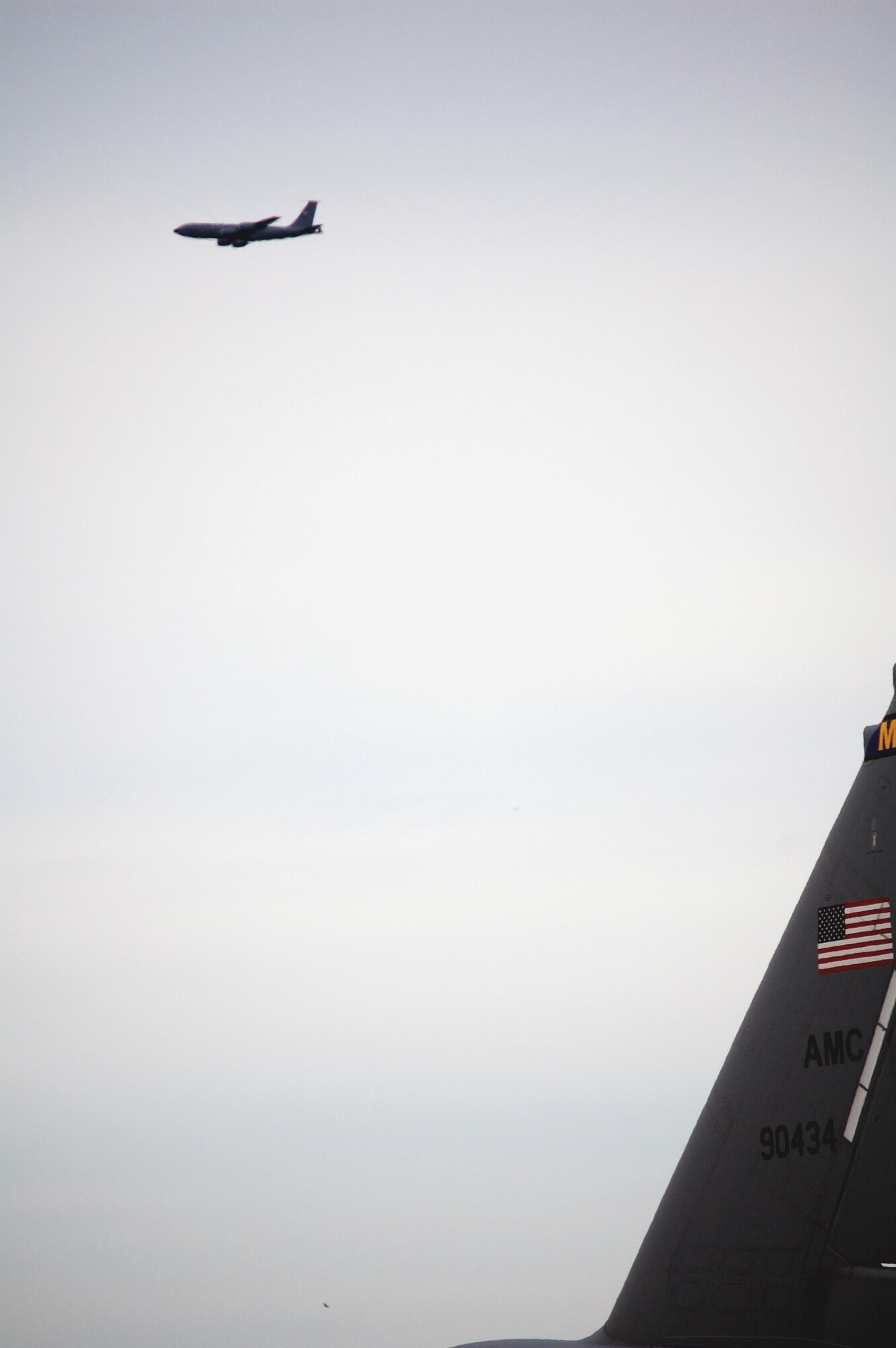 A KC-135 Stratotanker flies off for a mission from McGuire Air Force Base, N.J., Sept. 16, 2008.  The KC-135 is one of the main aircraft types stationed at McGuire which helps Air Mobility Command and the Air Force to "fly, fight and win...in air, space and cyberspace." At McGuire, KC-135s are assigned to the New Jersey Air National Guard's 108th Air Refueling Wing.  (U.S. Air Force Photo/Tech. Sgt. Scott T. Sturkol)
