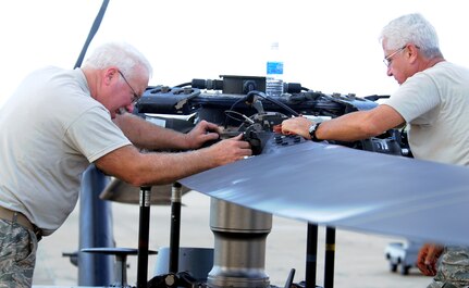 Tech. Sgts. William Gulledge (left) and Gary Vaughn, both 943rd Maintenance Squadron from Davis-Monthan Air Force Base, Ariz., perform maintenance on an HH-60 helicopter on the Randolph flightline Sept. 14 in preparation for search and rescue missions from Hurricane Ike. (U.S. Air Force photo by Steve White)