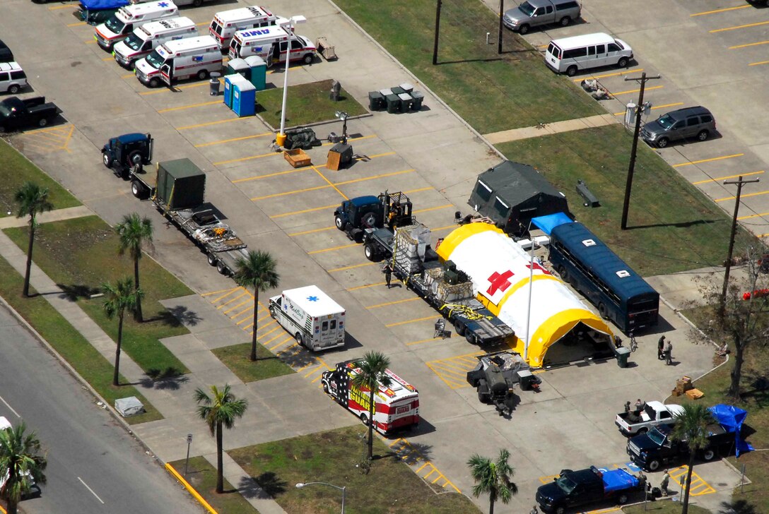 Aerial view of the Texas Air National Guard's 149 Fighter Wing's Small Portable Expeditionary Aeromedical Rapid Response (SPEARR) Team. The SPEARR Team assists Galveston residents in the aftermath Hurricane Ike.(U.S. Air Force photo Master Sgt. Robert Shelley)