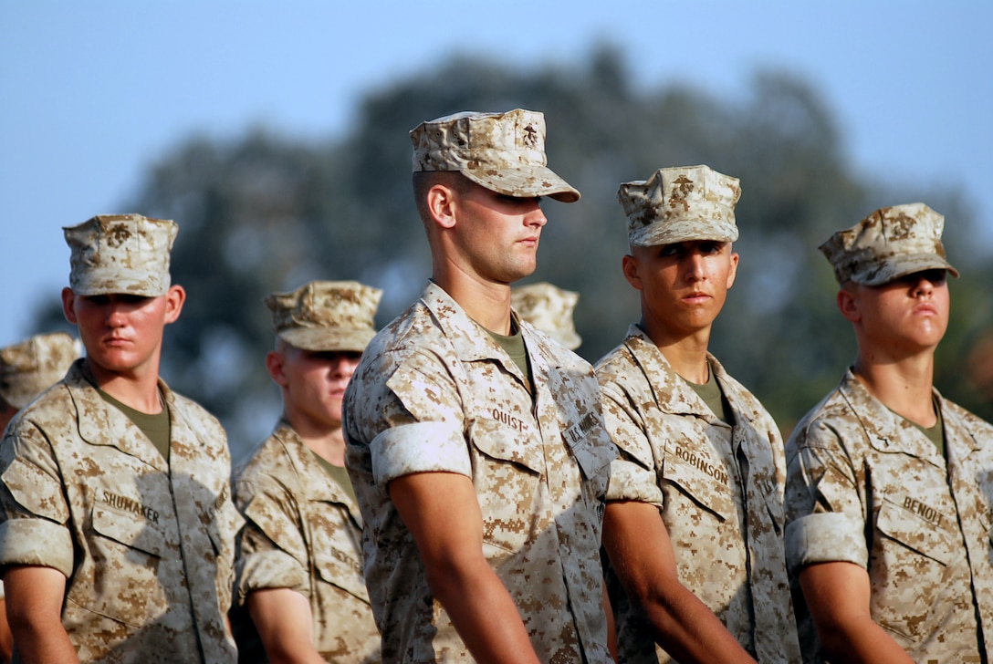 Pvt. Shawn W. Quist, center, and Platoon 2156, Company G, 2nd Battalion, Recruit Training Regiment, practice eyes right Wednesday for their graduation ceremony. Today’s ceremony is the final event the new Marines will participate in during recruit training.