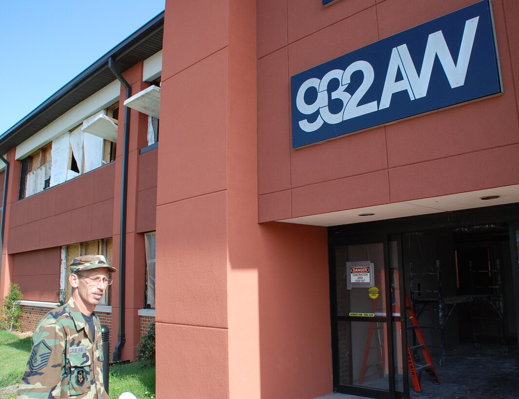 932nd Airlift Wing's Master Sgt. John Sauerwein prepares to show off the progress of the wing's construction project inside building 3650.  It is slated to be complete in 2009.  (U.S. Air Force photo by Maj. Stan Paregien)