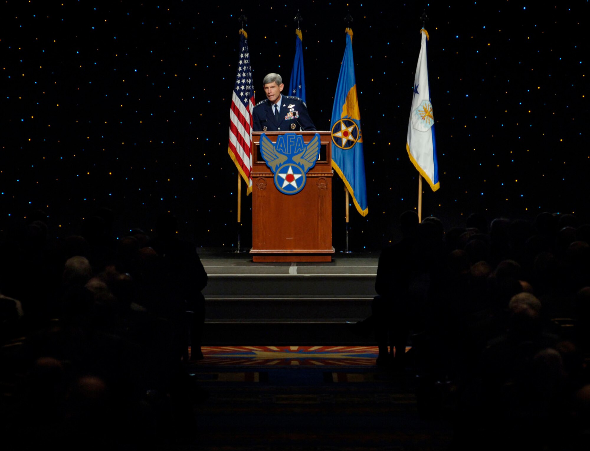 WASHINGTON --  Gen. Norton Schwartz, former Air Force Chief of Staff, addresses Airmen in a speech during the Air Force Association’s 24th Annual Air and Space Conference and Technology Exposition Sept. 16. A hundred and twenty-five Langley Airmen attended the event. (U.S. Air Force photo/Airman Rebecca Montez)
