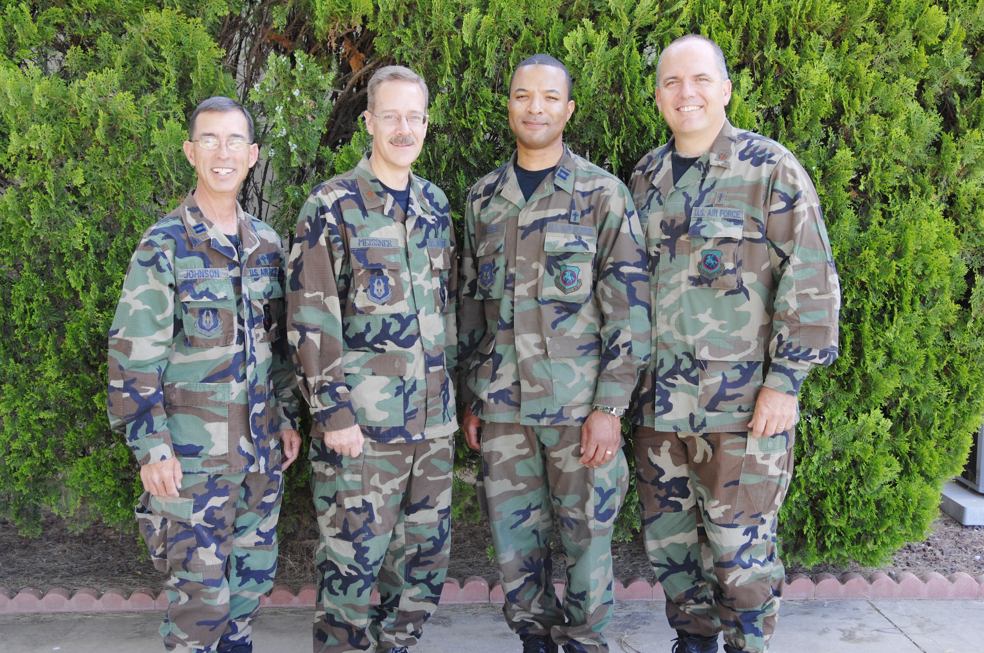 Chaplains of the 452 AMW/HC (left to right) are: Maj. Doug Johnson (recently promoted), Maj. Bob Meissner, Capt. Ken Walden and Maj. Rick Givens. (U.S. Air Force photo)