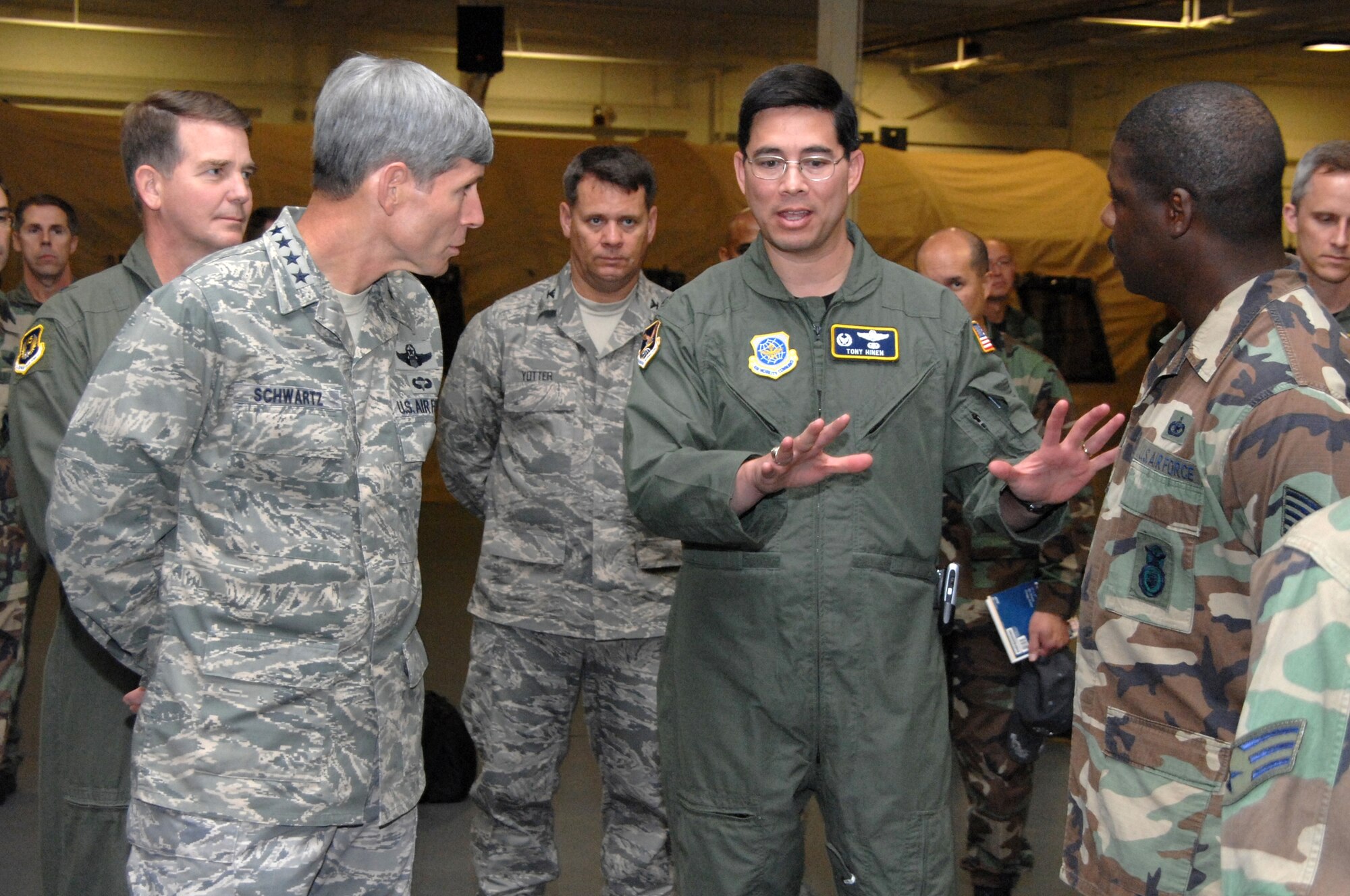 Col. Tony Hinen, 615th Contingency Response Wing commander, briefs Gen. Norton Schwartz, Chief of Staff of the Air Force, during a visit to Travis. colonel Hinen will retire after more than 27 years of commisssioned service. (U.S. Air Force photo/Dave Cushman)
