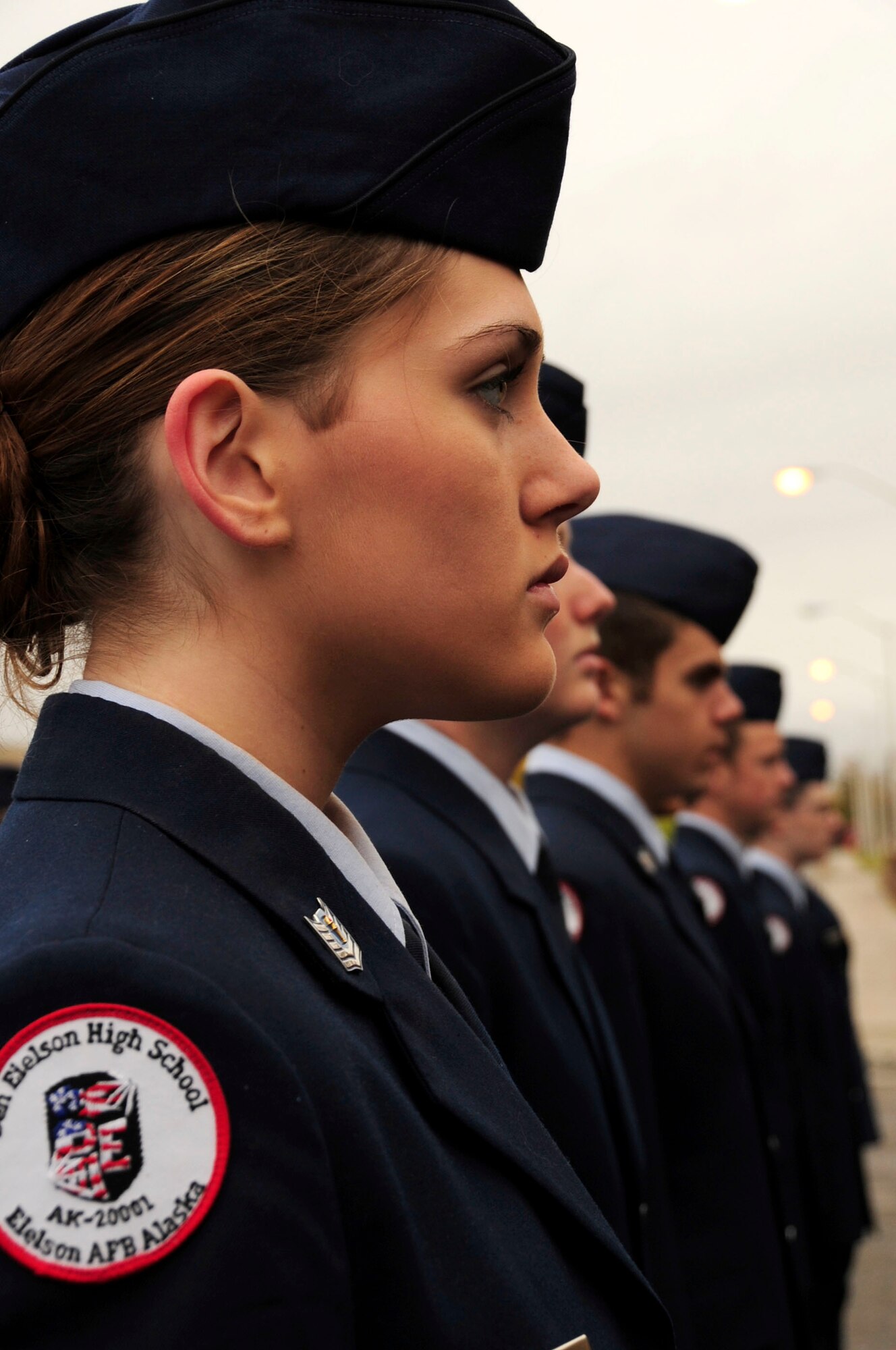 Cadets stand in formation during the Sept. 11 reveille ceremony infront of Amber Hall. Ben Eielson Junior Reserve Officer Training Corps cadets perform an annual reveille ceremony, this one highlighting the anniversary of the Sept. 11 attack on the U.S.  (U.S. Air Force photo/Staff Sgt. Tia Schroeder)