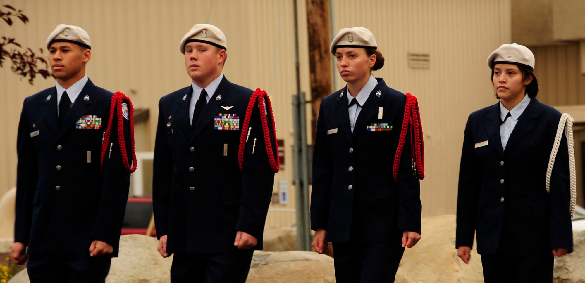 Cadets of the Ben Eielson Junior Reserve Officer Training Corps march from Ben Eielson High School to Amber Hall Sept. 11 to perform a reveille ceremony. Ben Eielson JROTC cadets perform an annual reveille ceremony, this one highlighting the anniversary of the Sept. 11 attack on the U.S.  (U.S. Air Force photo/Staff Sgt. Tia Schroeder)