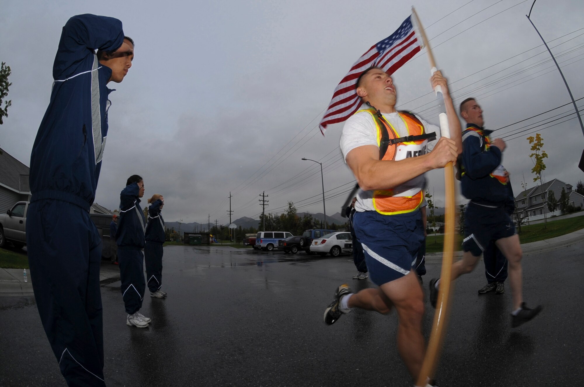 ELMENDORF AIR FORCE BASE, Alaska -- Air Force Cadets from the University of Alaska Anchorage kick off their 9-11 run at the Silver Run Community Center Sept. 12. The run was organized to show support of the Armed Forces fighting terrorism and in remembrance 9-11. The run lasted 24 hours with nearly 100 runners taking shifts of 30 minutes. (U.S. Air Force photo/Senior Airman Matthew Owens)