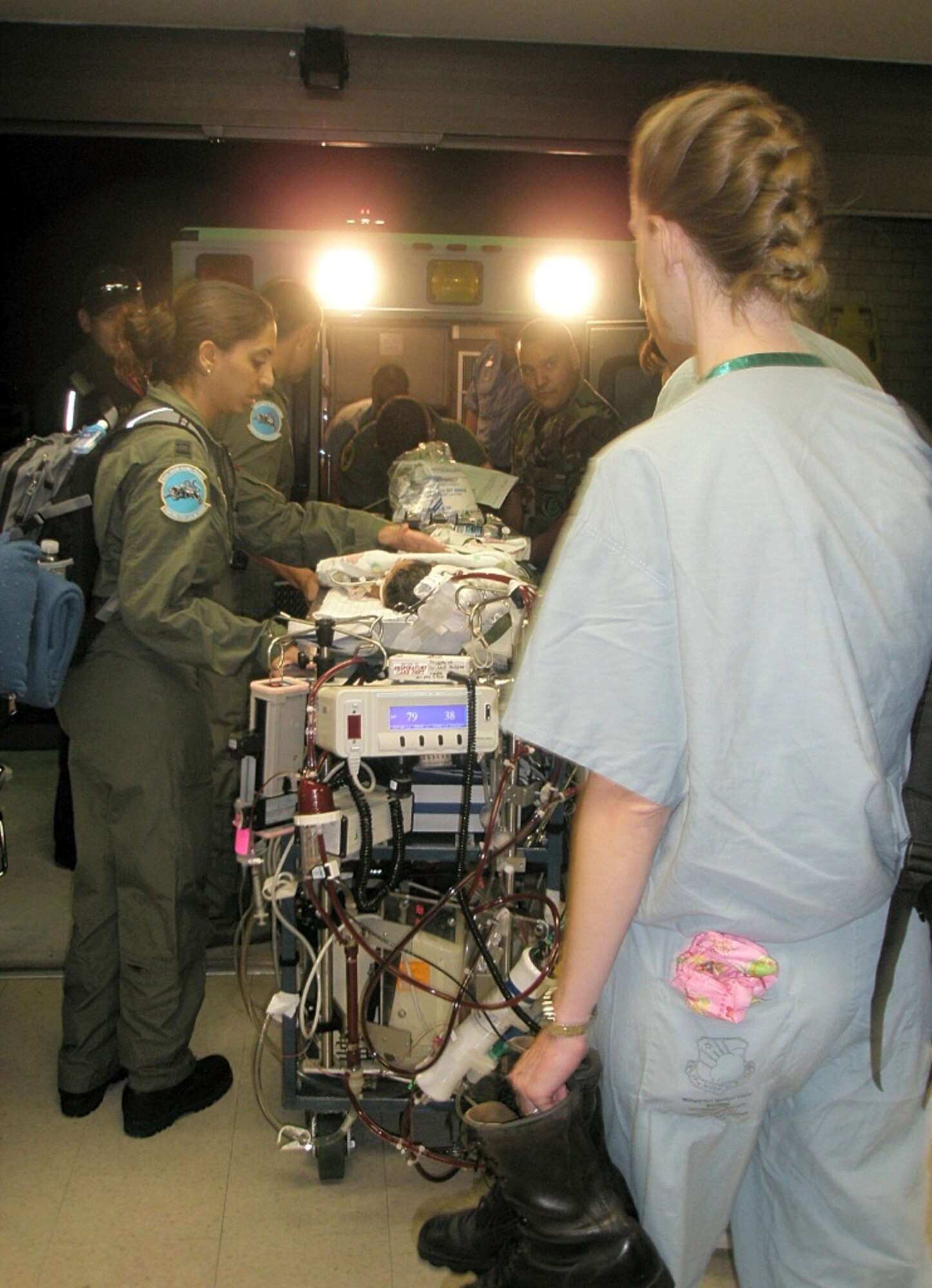 The 59th Medical Wing Critical Care Air Transport Team transport an infant from a Corpus Christi, Texas hospital to Wilford Hall Medical Center Sep. 9. The baby was moved to WHMC in anticipation of Hurricane Ike hitting the Texas coastline.  Alannah Miranda Garcia remains on extracorporeal membrane oxygenation, a heart-lung bypass machine in the WHMC neonatal intensive care unit. (U.S. Air Force photo/Col. (Dr.) Robert Digeronimo)   