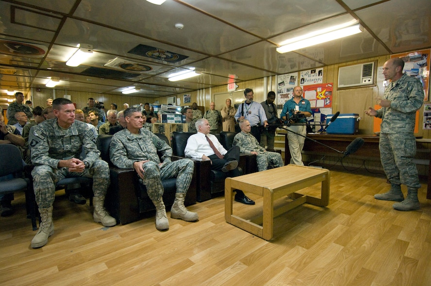 Brig. Gen. James M. "Mike" Holmes gives Secretary of Defense Robert M. Gates a mission briefing Sept. 17 at Bagram Airfield, Afghanistan. General Holmes talked specifically about the close-air support role the Air Force provides coalition forces. (U.S. Air Force photo/Staff Sgt. Samuel Morse) 