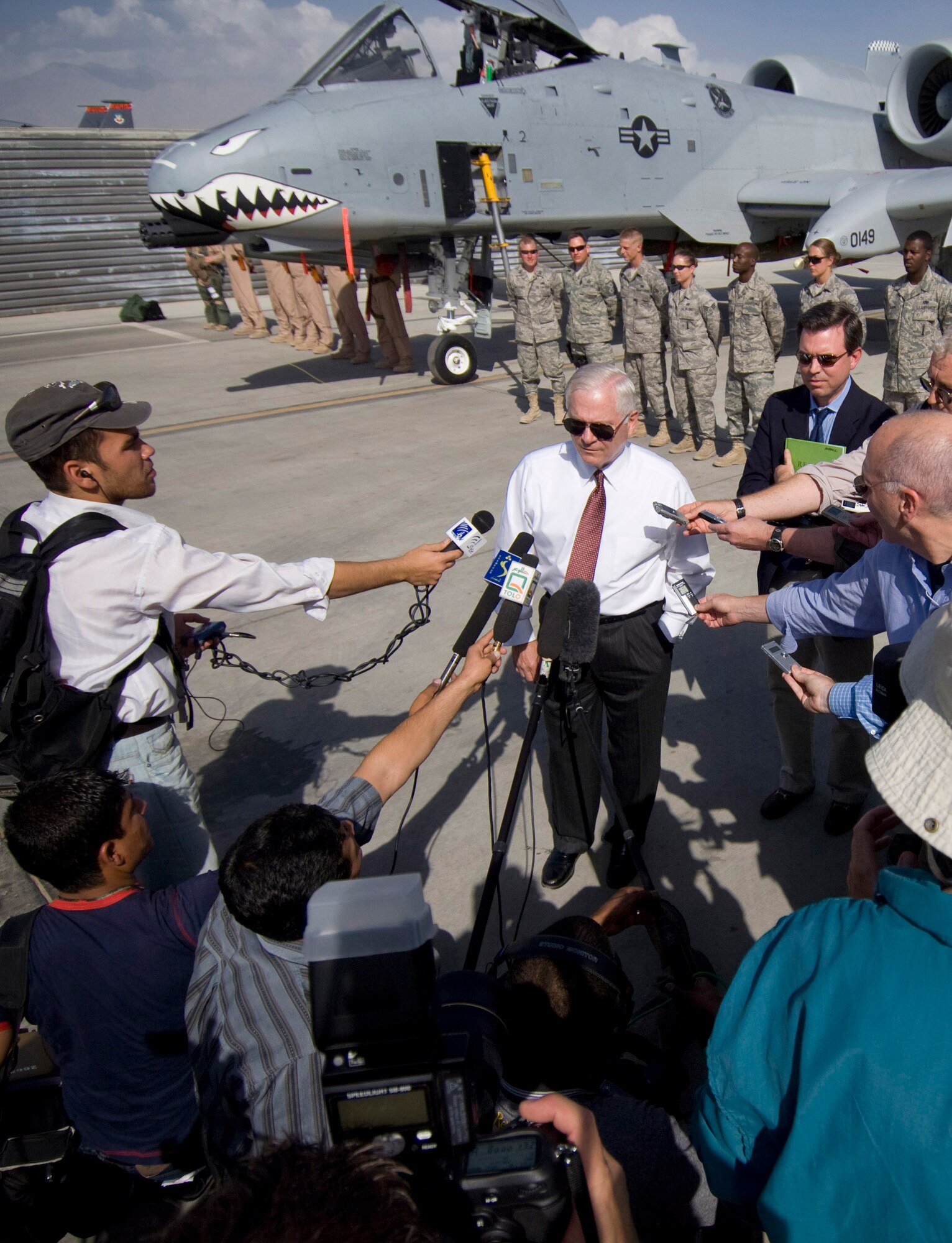 Secretary of Defense Robert M. Gates gives a short press conference in front of an A-10 Thunderbolt II Sept. 17 at Bagram Airfield, Afghanistan. Secretary Gates discussed his thoughts on the Air Force mission in Afghanistan after meeting some of the Airmen and hearing about the role they play in Operation Enduring Freedom. (U.S. Air Force photo/Staff Sgt. Samuel Morse) 

