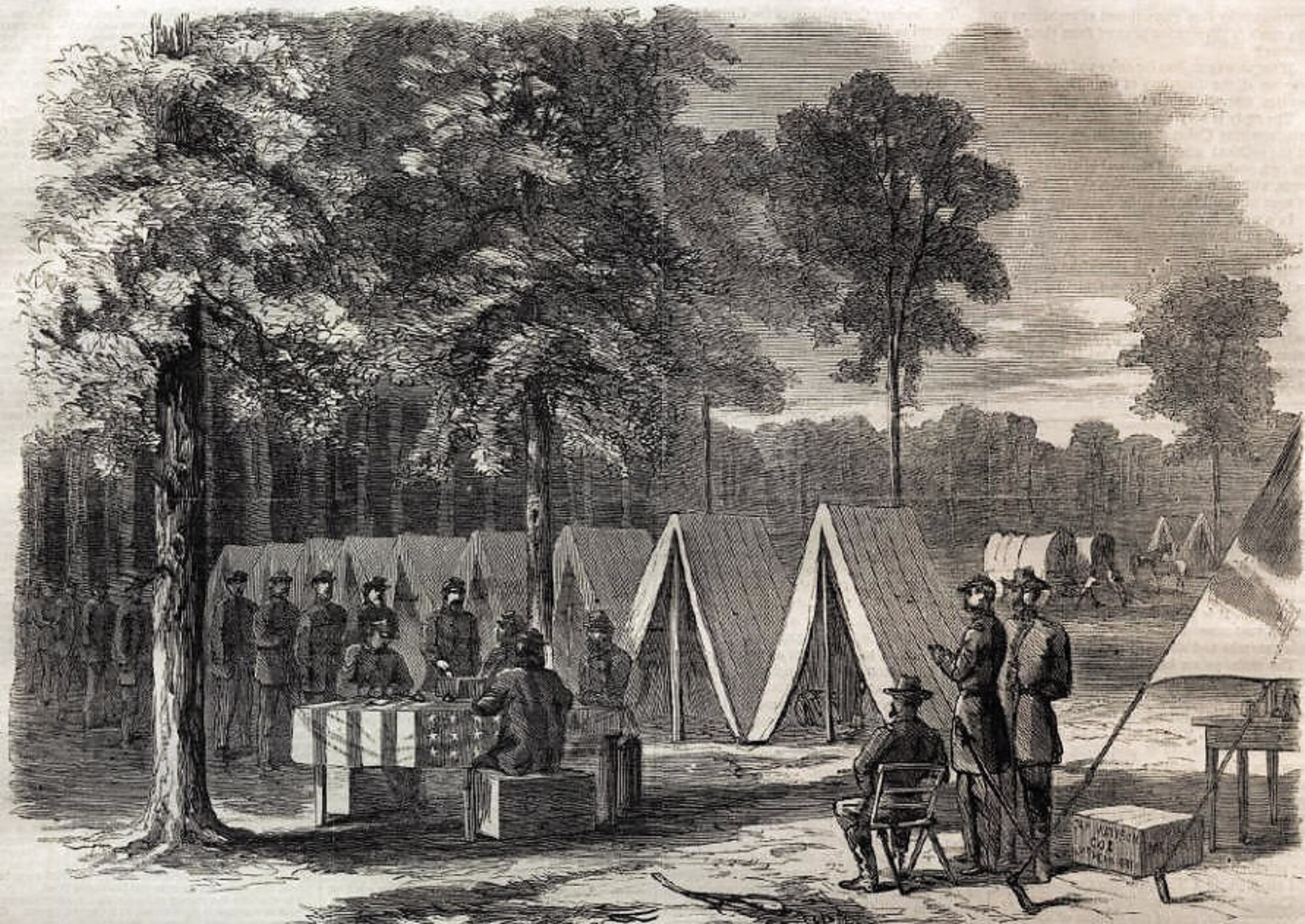Artwork published in Harper's Weekly shows Union Soldiers from Pennsylvania casting absentee ballots during the 1864 presidential election. (Image courtesy of the Smithsonian Institution Library) 