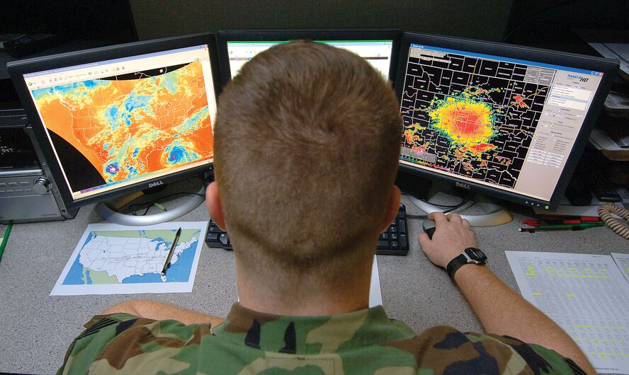Weather doesn’t take nights off and Tinker’s Weather Center continues to monitor the skies 24-hours a day.  Working solo at night, Staff Sgt. Jake Henningsen watches Hurricane Ike’s movement on a few of the weather tracking systems in the center. (Air Force photo/Margo Wright) 
