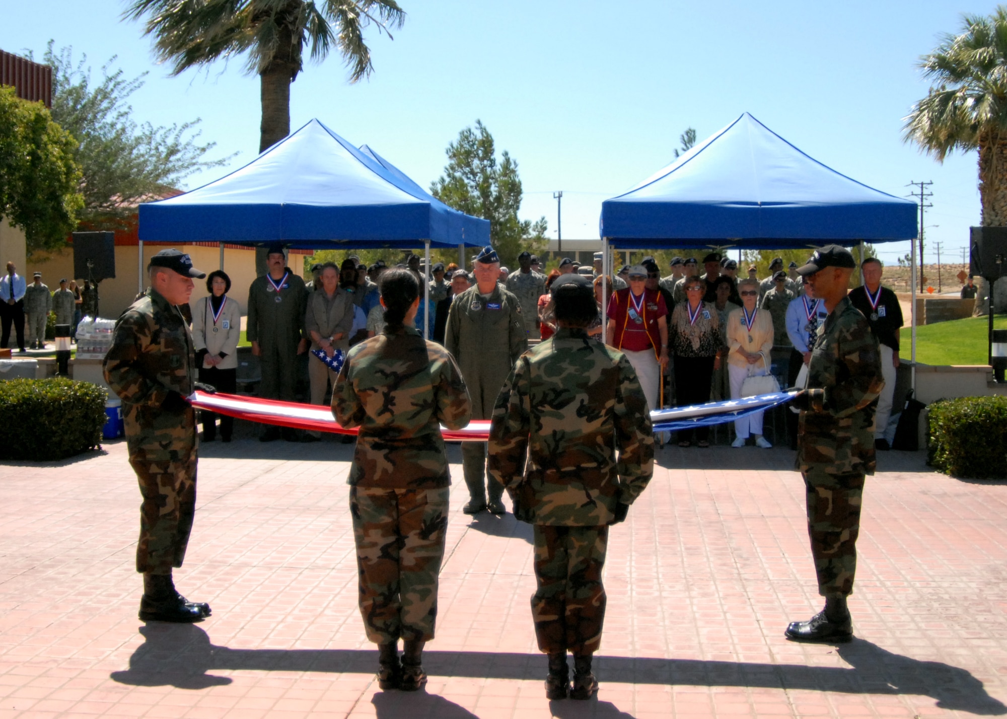 A Prisoner of War and Missing in Action retreat ceremony was held in front of the Air Force Flight Test Center Sept. 19. POW/MIA Day is held annually to remember veterans who have been held captive or servicemembers who are still missing and their families. (Air Force photo by Airman 1st Class William O'Brien)