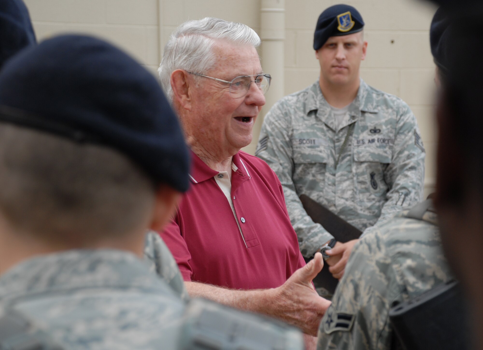 Chief Master Sergeant of the Air Force, retired, Robert Gaylor, visits members of the 15th Security Forces Squadron during an evening guard mount. He talked to Security Forces members about the importance of their daily job, and encouraged them to take pride in what they do. (U.S. Air Force Photo/Staff Sgt. Erin Smith)