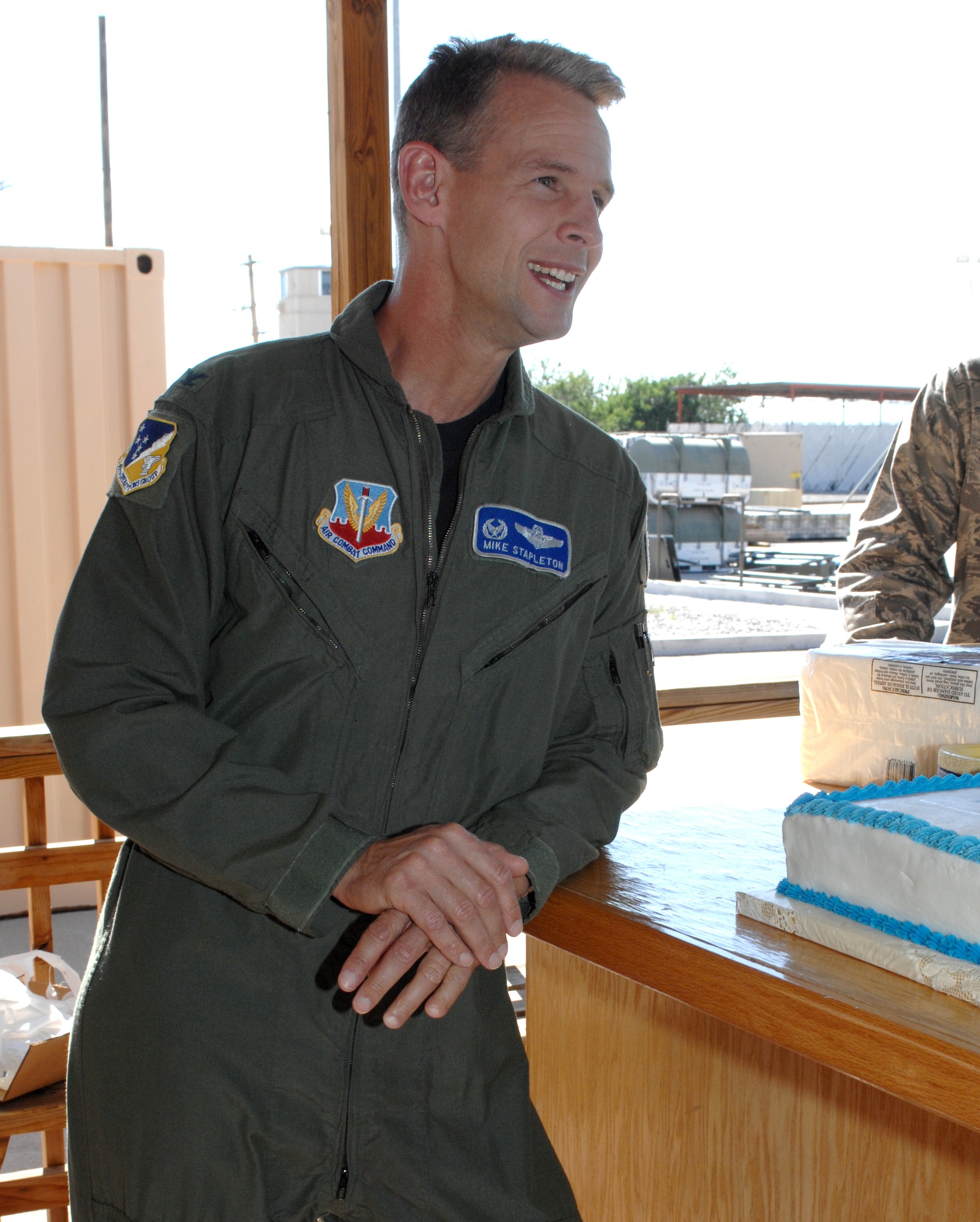 Col. Michael Stapleton, 49th Operations Group commander, speaks at the Air Force birthday celebration outside the 7th Fighter Squadron at Holloman Air Force Base, N.M., September 16. The squadron held a small celebration with snacks, drinks and birthday cake in celebration of the Air Force?s birthday which is officially September 18, 1947. (U.S. Air Force photo/Airman Sondra M. Escutia)