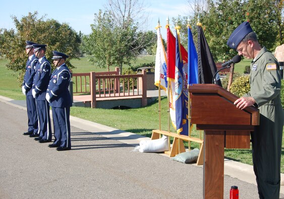 Col. Michael Fortney, 341st Missile Wing commander, speaks at the Prisoner of War/Missing in Action retreat ceremony at Medal of Honor park Sept. 17. The POW/MIA ceremony is held annually to commemorate and remember those who have served and been taken prisoner of war or have been missing in action since the beggining of World War 1. (U.S. Air Force photo/Senior Airman Emerald Ralston)