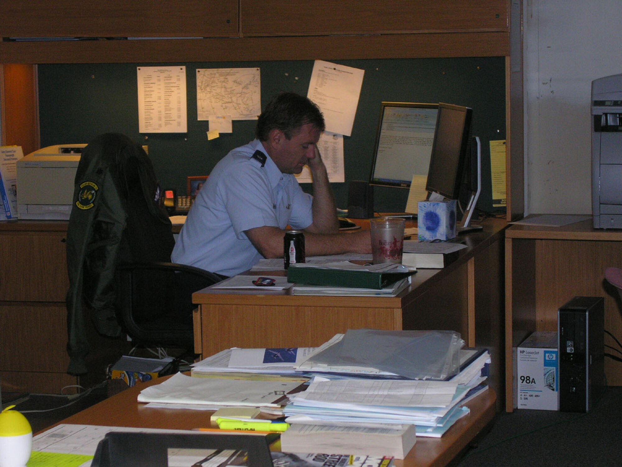 SEYMOUR JOHNSON AIR FORCE BASE, N.C. -- Lt. Col. Jason Biethman, 916th Operations Group scheduler, looks good wearing his blues to work on Monday. On Sept 15, Air Force Reserve technicians at the 916th Air Refueling Wing complied with a new directive ordered by the chief of staff of the Air Force and the commander of the Air Force Reserve to return to the pre-September 11, 2001 policy of wearing the blue uniform as the duty uniform vs. the more recently seen camoflauge uniforms. Reservists, and active duty alike, will wear the blue uniform on Mondays if deemed appropriate by their career field and work environment.
