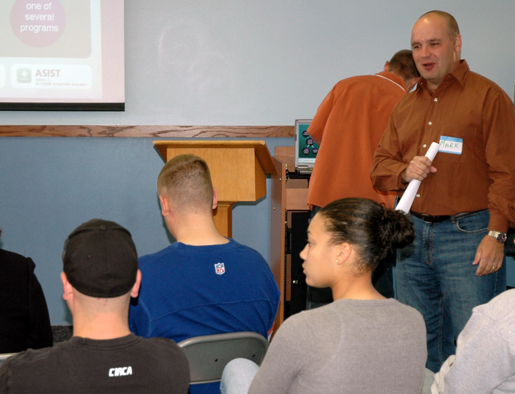 Chaplain (Maj.) Mark Roberts, 341st Missile Wing chaplain,  speaks to Airmen attending a suicide prevention class at the base chapel annex Sept. 1. (U.S. Air Force photo/ Airman 1st Class Dillon White)