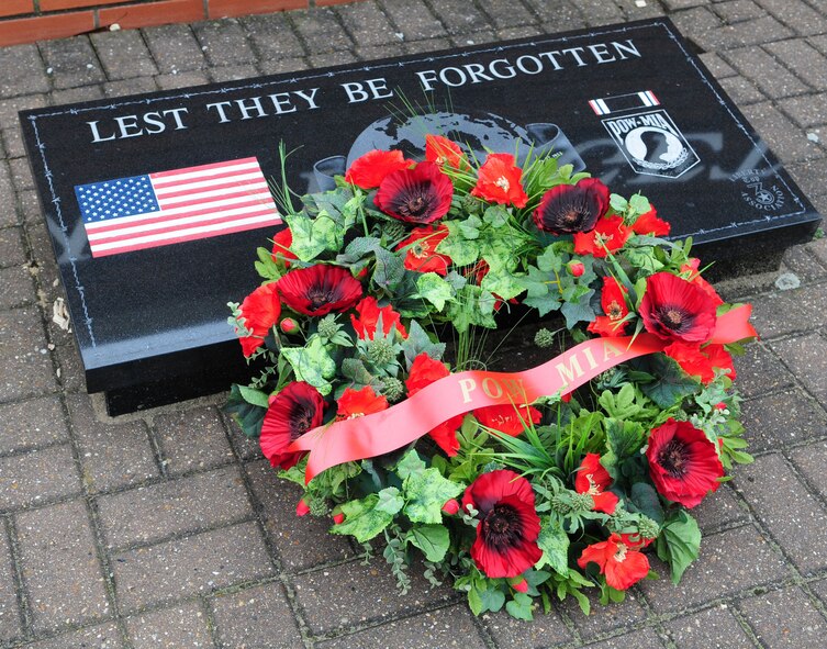 A wreath was laid at Memorial Park at RAF Lakenheath by the 'Lest we Forget' wall. Rolling Thunder was a motorcycle ride made up of 52 riders, both military and civilian, from RAFs Mildenhall and Lakenheath, and was part of a week of events to remember those fallen, prisoners of war and missing in action. (U.S. Air Force photo by Karen Abeyasekere)
