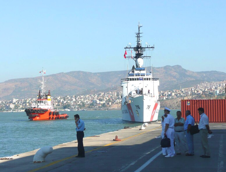 The U.S. Coast Guard cutter Dallas visits the port of Izmir, Turkey. The Dallas was returning from a Black Sea tour where it delivered humanitarian assistance to Georgia. Air Force Office of Special Investigations, Detachment 523 coordinated with the Turkish National Police to arrange appropriate Force Protection measures including a local threat briefing to the ship's captain and his senior staff. AFOSI Det. 523 supports numerous U.S. ships attached to the U.S. Navy 6th Fleet during visits to Turkish ports. (U.S. Air Force photo)