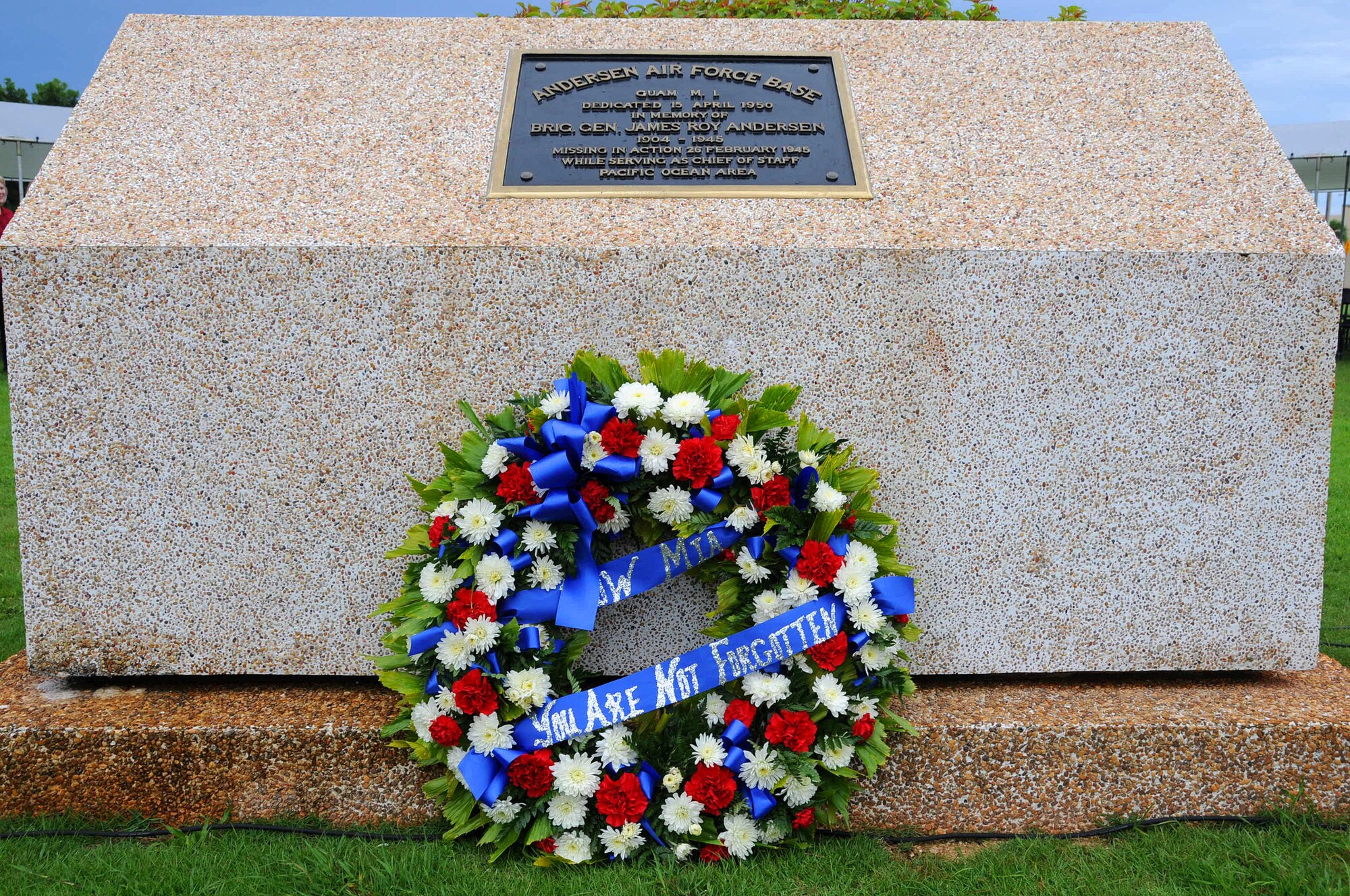 ANDERSEN AIR FORCE BASE, Guam -- Team Andersen honors fellow POW/MIA brothers and sisters in arms with a wreath here Sept. 19. The wreath was laid down by Brig. Gen. Phil Ruhlman and Raymond Baza . (U.S. Air Force photo by Airman 1st Class Courtney Witt)