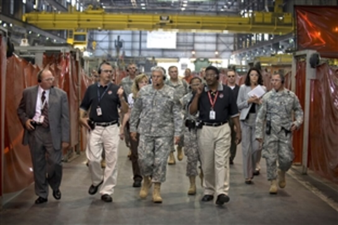 Gen. George W. Casey Jr., Chief of Staff of the Army, receives a tour of the Anniston Army Depot in Anniston, Ala., Sept. 18, 2008. The depot is the designated Center of Industrial and Technical Excellence for tracked wheeled combat vehicles, artillery, bridging systems and small caliber weapons.  