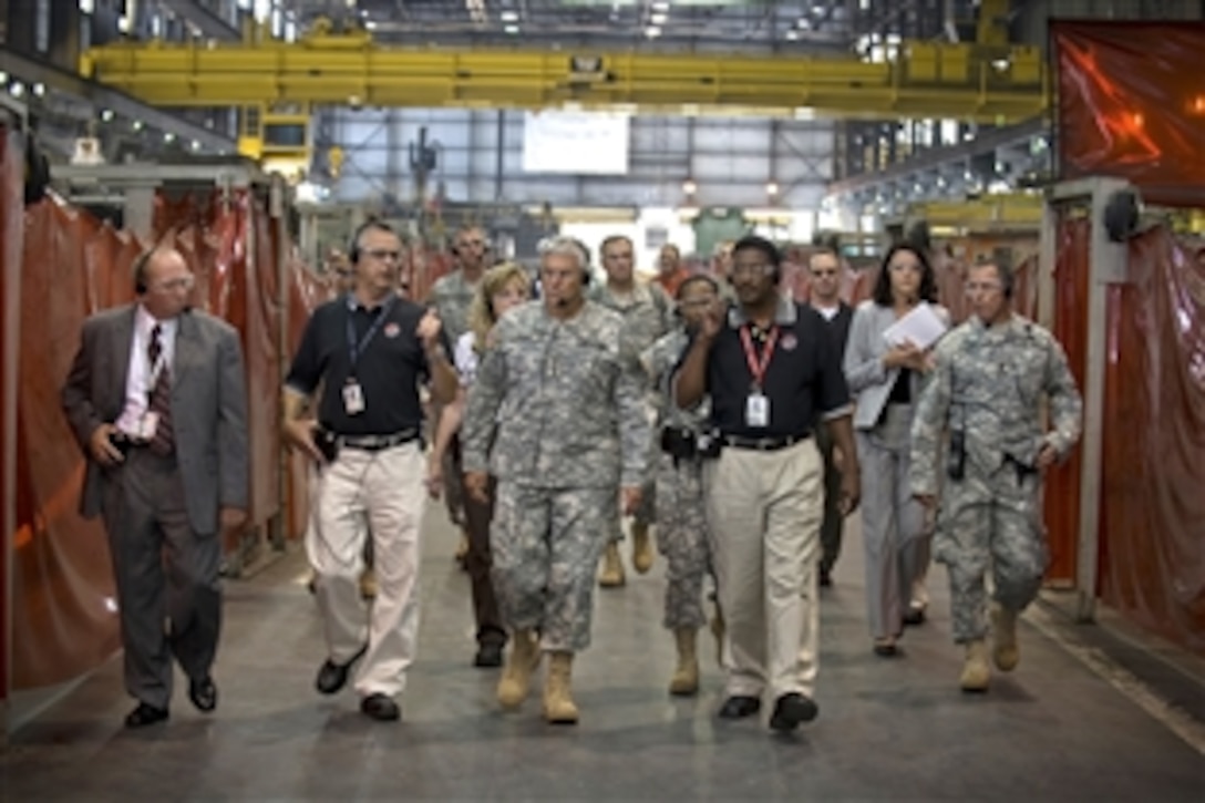 Gen. George W. Casey Jr., Chief of Staff of the Army, receives a tour of the Anniston Army Depot in Anniston, Ala., Sept. 18, 2008. The depot is the designated Center of Industrial and Technical Excellence for tracked wheeled combat vehicles, artillery, bridging systems and small caliber weapons.  