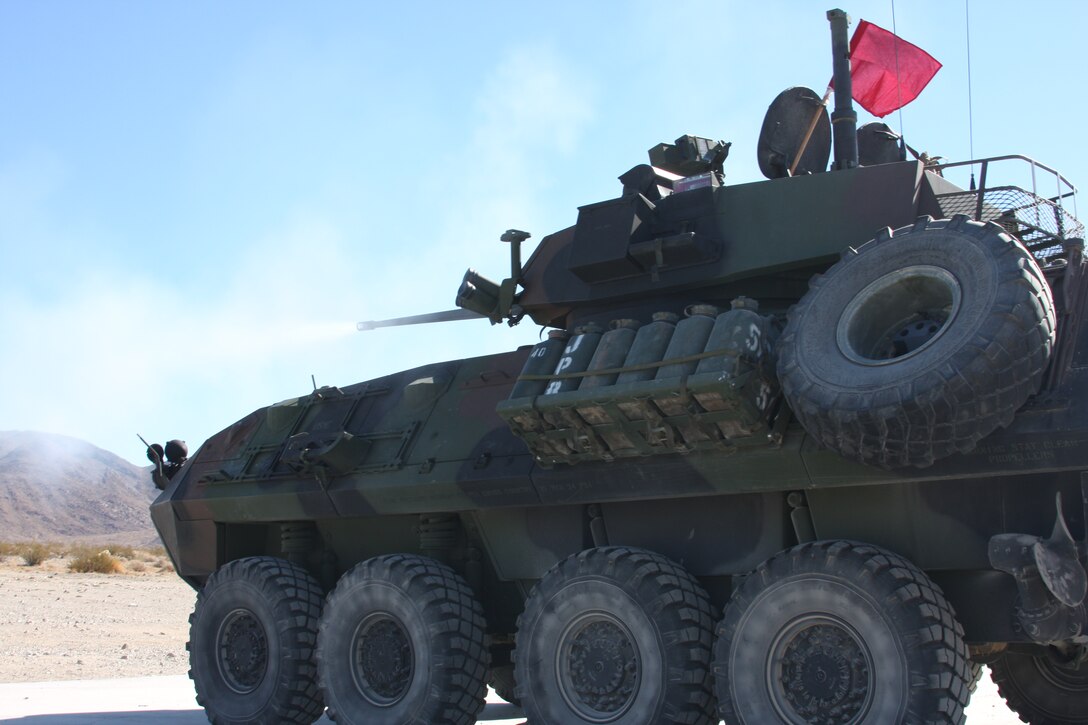 An LAV from 3rd LAR on the firing line utilizes its new sites while zeroing in on a target.  3rd LAR recently received Improved Thermal Sight Systems and Electric Drive Turrets in their light armored vehicles.