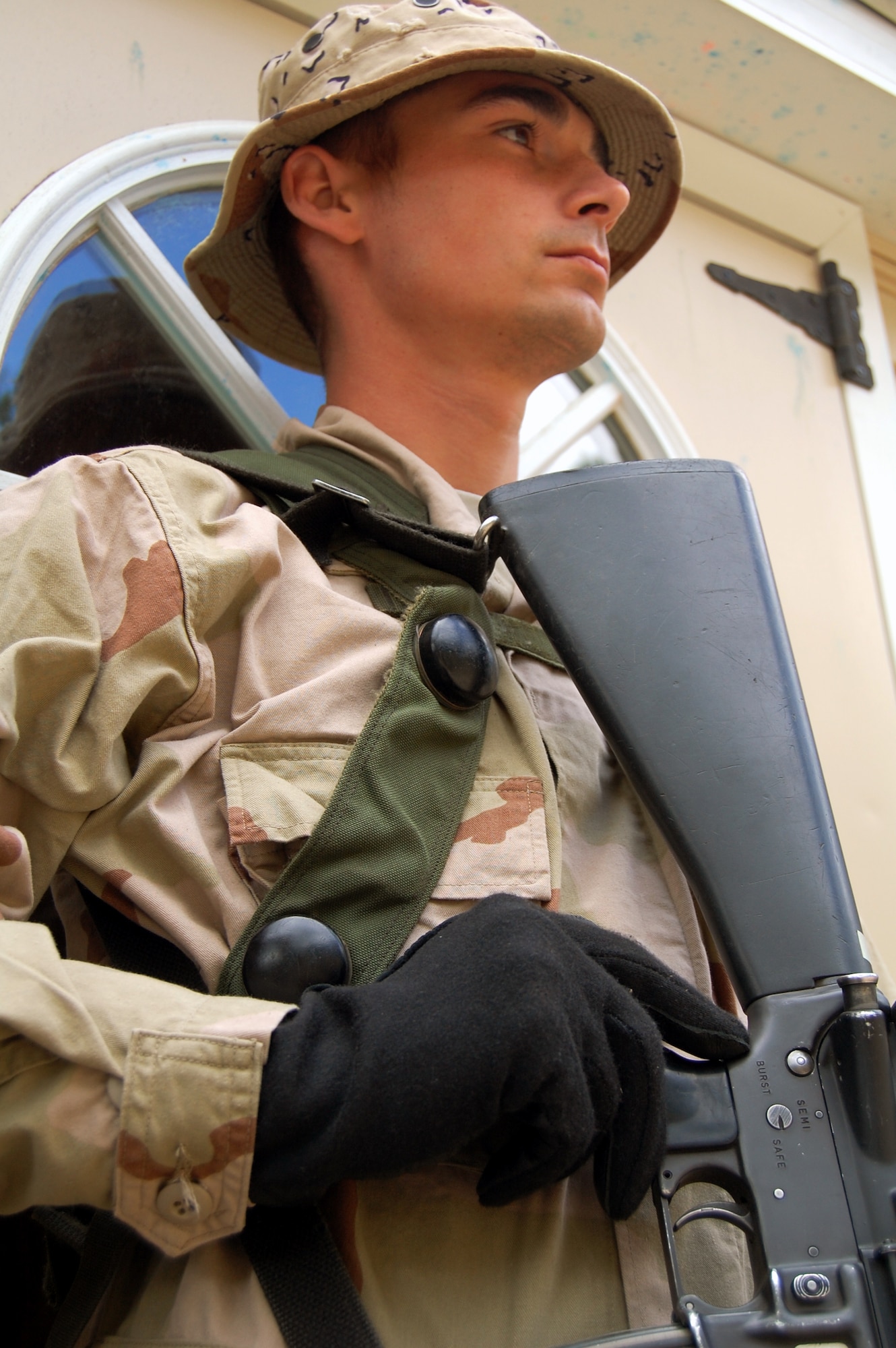 Airman First Class Jeremy Smith, from the 314th Medical Group, Little Rock Air Force Base, Ark., plays the role of a host nation army "conscript" during a scenario for Air Force Exercise Eagle Flag 08-6 Sept. 19, 2008, at Naval Air Engineering Station Lakehurst, N.J.  The exercise, managed by the U.S. Air Force Expeditionary Center's 421st Combat Training Squadron from Fort Dix, N.J., tests and trains more than 400 Airmen in expeditionary combat support skills.  (U.S. Air Force Photo/Tech. Sgt. Scott T. Sturkol)