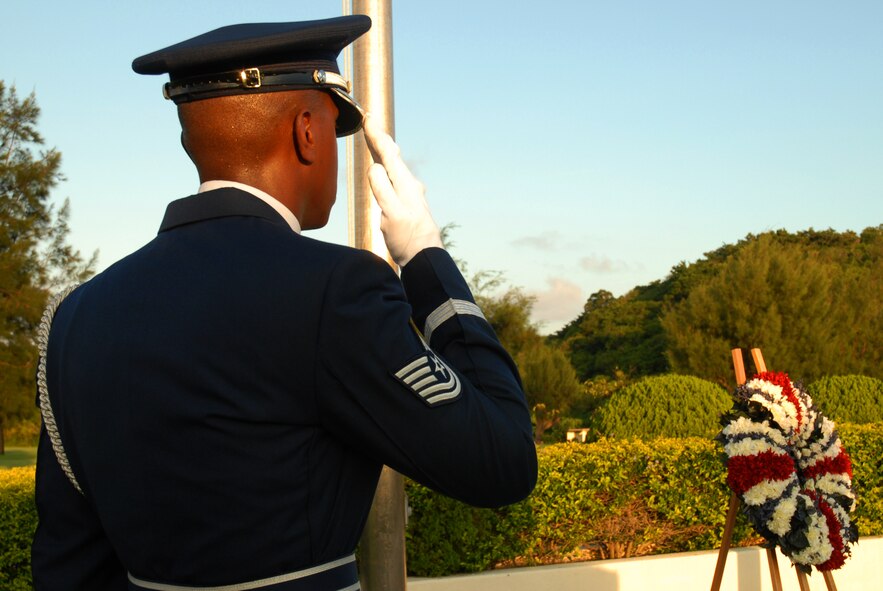 Technical Sergeant Warren Triche of the Kadena Air Base Honor Guard salutes the ceremonial wreath during the base’s annual POW/MIA Memorial Ceremony Sept. 19, 2008. Kadena hosts a remembrance ceremony each year in honor of all POW/MIA service members past and present. (U.S. Air Force photo/Airman 1st Class Chad Warren)