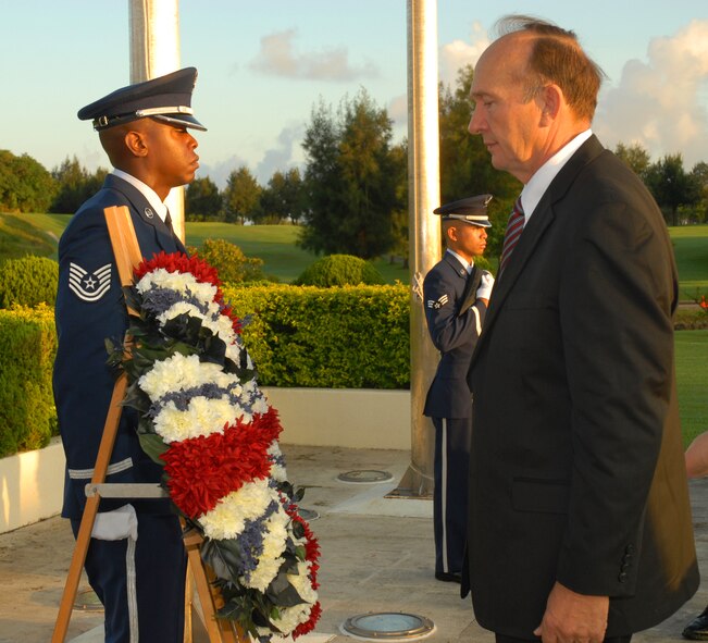 Retired U.S. Air Force Capt. Guy Gruters pauses in front of a ceremonial wreath during Kadena Air Base’s annual POW/MIA Memorial Ceremony Sept. 19, 2008. Captain Gruters was held captive for more than five years during the Vietnam War after his F100-F was shot down over North Vietnam in 1967. (U.S. Air Force photo/Airman 1st Class Chad Warren)