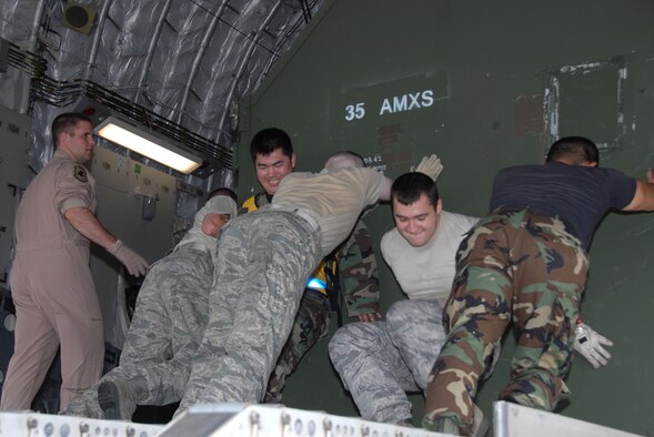 MISAWA AIR BASE, Japan -- Airmen load cargo onto a C-17 prior to deploying Sept. 21, 2008.  Members of the 14th Fighter Squadron are deploying in support of the Global War on Terrorism.  (U.S. Air Force photo by Senior Airman Laura R. McFarlane) 