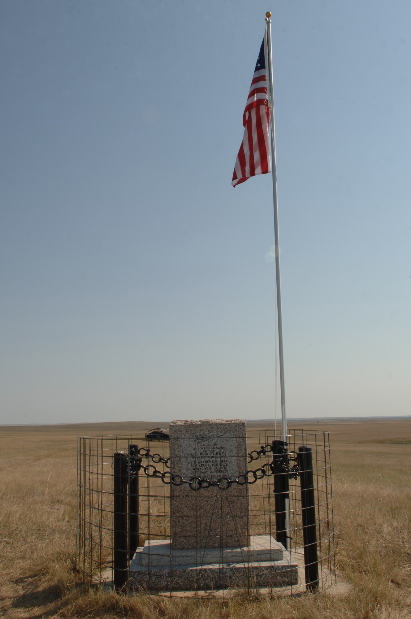 This monument is in remembrance of four Airmen who lost their lives in a B-1 crashed Sept. 19, 1997. The 28th Bomb Wing Airmen killed were Col. Anthony Beat, pilot and 28 BW vice commander, Maj. Kirk Cakerice, instructor pilot, Maj. Clay Culver, weapons system officer and Capt. Gary Everett, weapons system officer.
(U.S. Air Force photo/Senior Airman Kasey Zickmund)