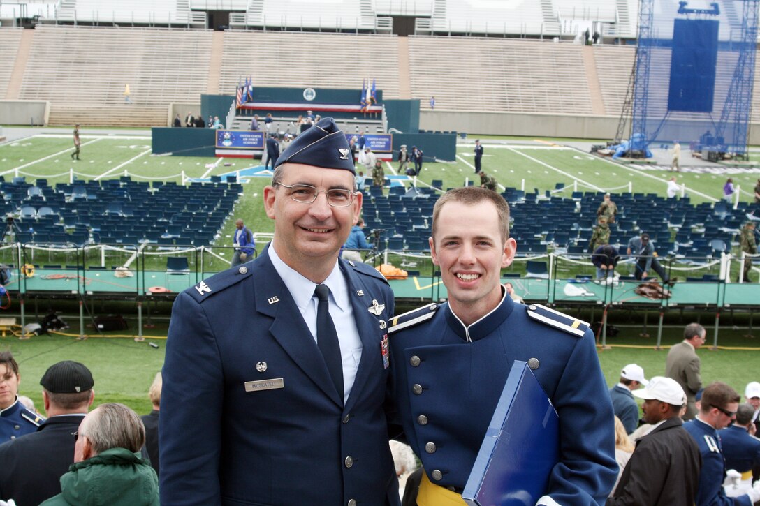 Col. James J. Muscatell, Jr., 302nd Airlift Wing commander, congratulates Lieutenant Nathan Nordby after the Lieutenant's graduation from the United States Air Force Academy this past spring. US Air Force photo courtesy Col. James J. Muscatell, Jr.