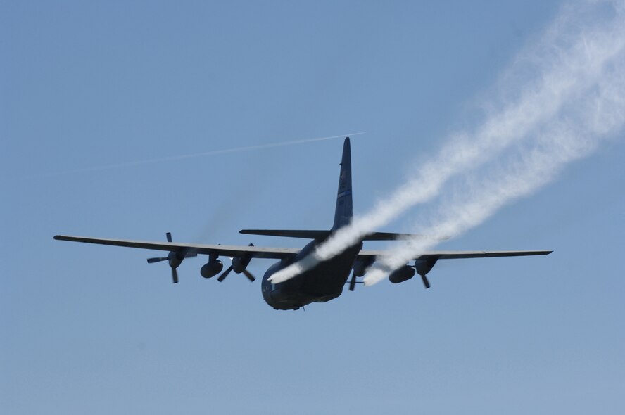 C-130 aircraft from the 910th Airlift Wing, Youngstown Air Reserve Station, Ohio, will continue spraying mosquito pesticide over several Louisiana parishes Sept. 22 in the wake of heavy rainfall and flodding brought on by Hurricane Ike.  (Air Force file photo/Airman 1st Class Chad Kellum)