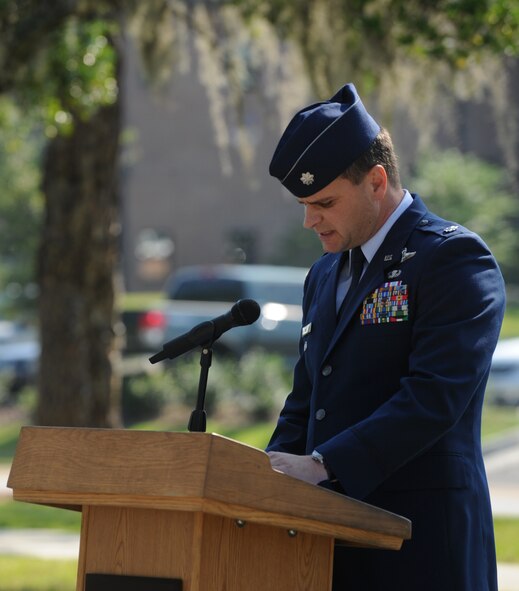 MOODY AIR FORCE BASE, Ga. – Lt. Col. Robert Sweet, 23rd Fighter Group commander, gives his remarks during the National Prisoner of War/Missing in Action Remembrance Day ceremony here Sept. 19. Lieutenant Colonel Sweet was shot down and captured on Feb. 15, 1991, for 19 days during Operation Desert Storm.  (U.S. Air Force photo by Senior Airman Gina Chiaverotti)