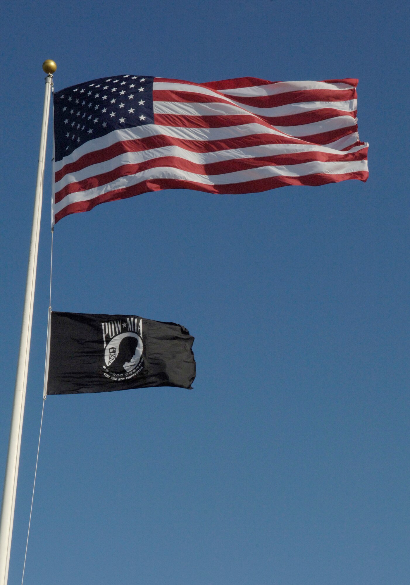 LANGLEY AIR FORCE BASE, Va. -- The American and POW/MIA flags fly above Memorial Park Sept. 19 in honor of POW/MIA Recognition Day. Eight members of the James L. Hale Memorial Chapter and the Hampton Roads Chapter of the American Ex-Prisoners of War Organization and their wives toured Langley and attended special ceremonies honoring the day. (U.S. Air Force photo/Airman Rebecca Montez)