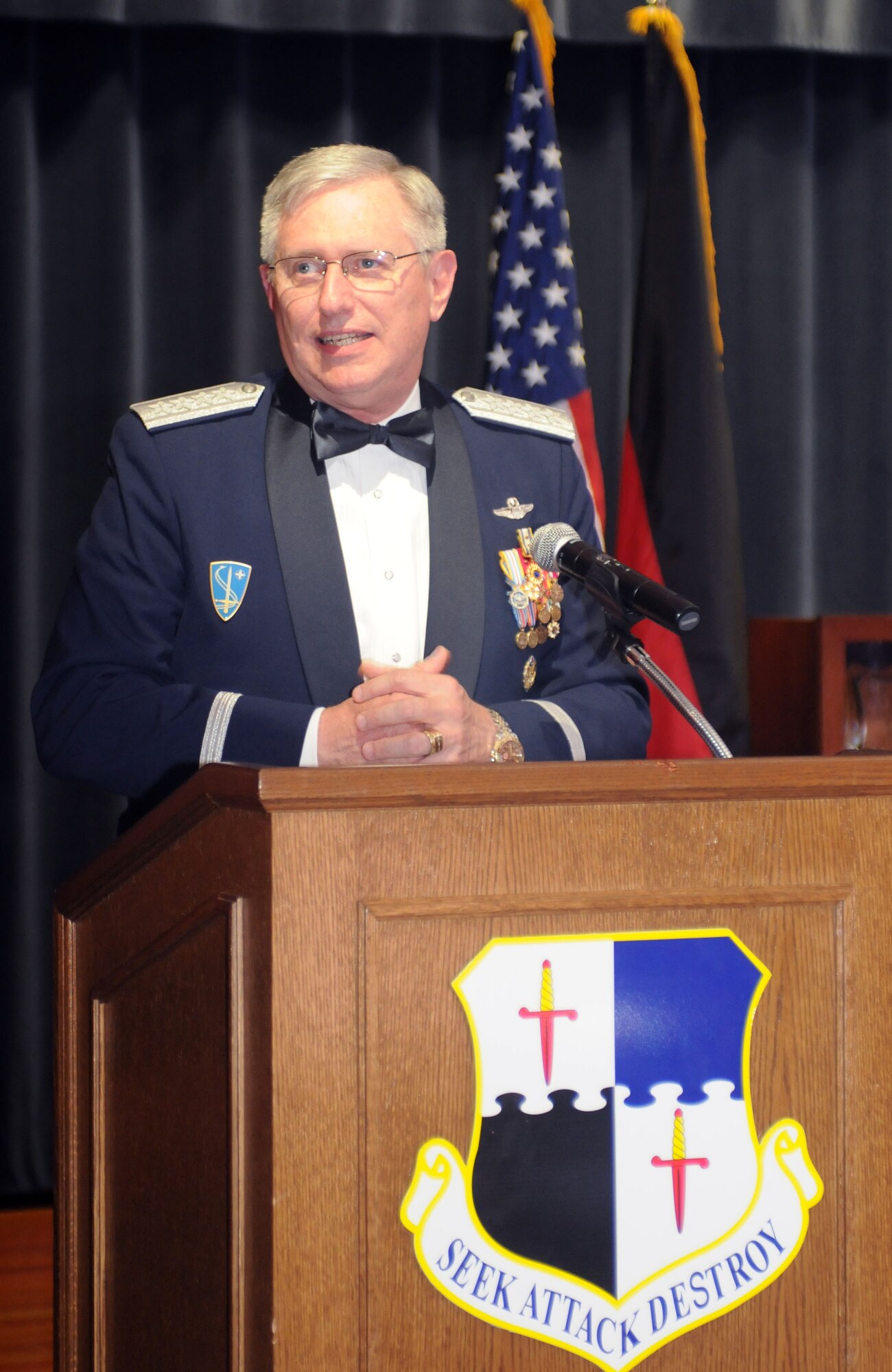 Gen. Roger A. Brady, U.S. Air Forces in Europe commander, speaks at the Air Force Ball held on Spangdahlem Air Base, Germany, Sept. 20, 2008. The 2008 Air Force Ball commemorates the Air Force’s 61st birthday. (U.S. Air Force photo by Master Sgt. Alexander Ray)