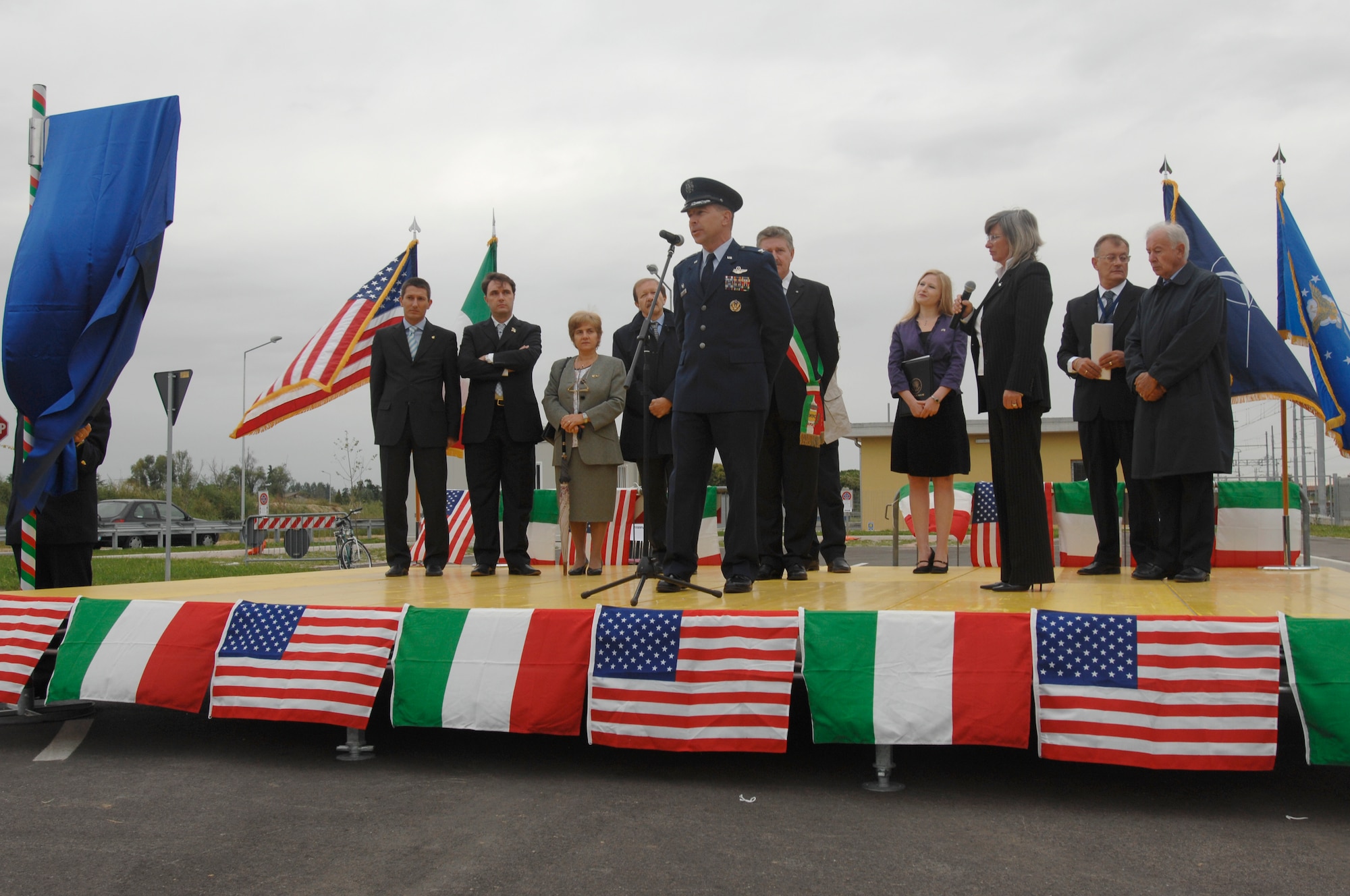 Colonel David Slade, 31st Mission Support Group commander, addresses a crowd of nearly 300 during a street naming ceremony in Spinea, Italy, Sept. 21, 2008. The street was named in honor of those who died during the Sept. 11, 2001 terrorist attacks.  (U.S. Air Force photo/Airman 1st Class Ashley Wood)