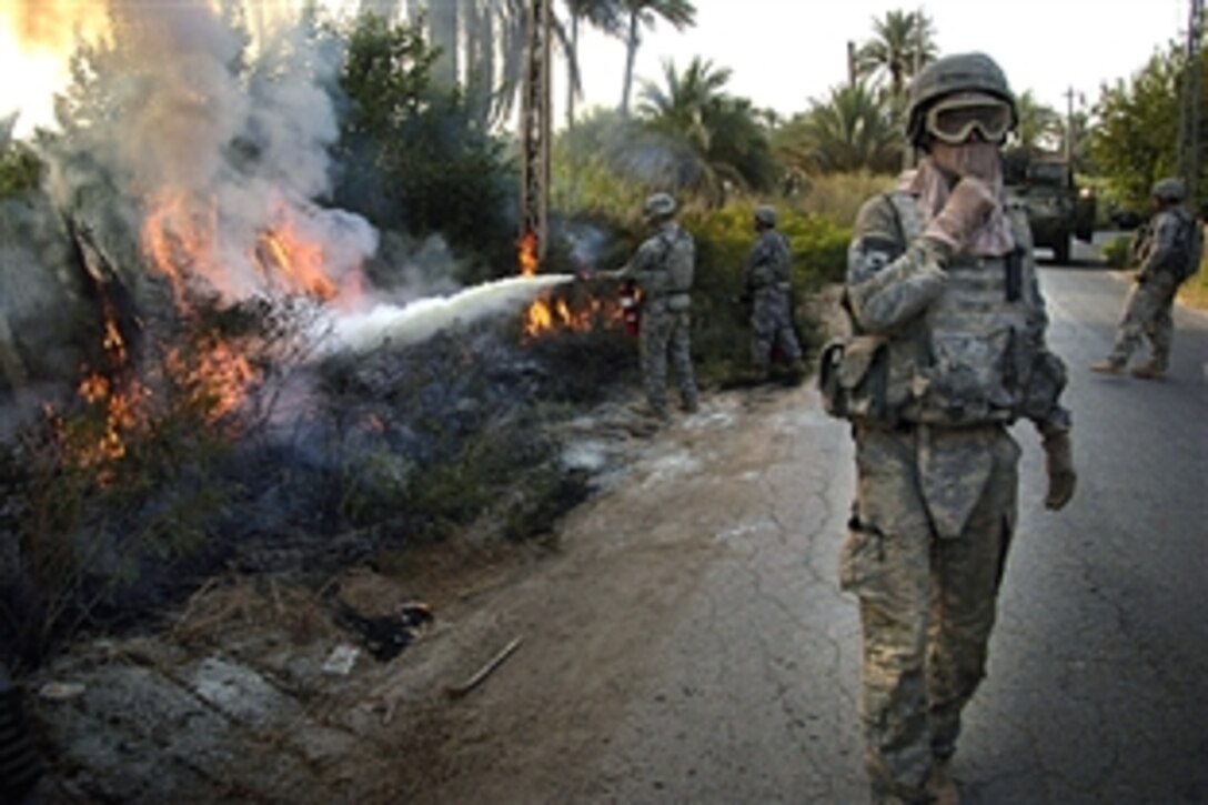 U.S. Army soldiers use fire extinguishers to contain flames while conducting a controlled fire to eliminate brush from roadsides so bombs cannot be concealed near Al Anaflsah, Iraq, Sept. 11, 2008. The soldiers are assigned to the 25th Infantry Division's 66th Engineer Company.
