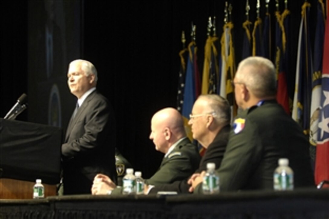 Defense Secretary Robert M. Gates addresses the audience at the 130th Annual National Guard Association of the United States Convention in Baltimore, Md., Sept. 22, 2008. The audience included about 2,500 guardsmen and thier families, senior military leaders, defense industry representatives, and local, state and federal elected officials.  