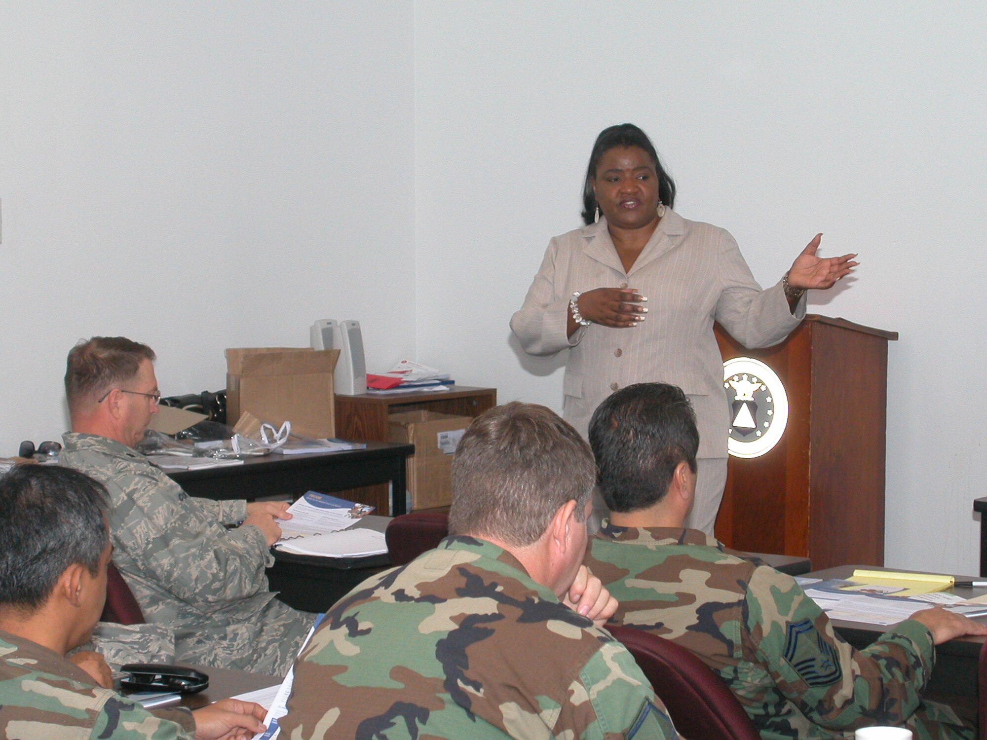 Quendylon Price, a local Tricare rep, talks to a class of March ARB Airmen about retirement planning and Tricare as part of the 3rd Annual Leadership Conference, held at the Education and Training Center on Sunday. The half-day conference provided Airmen with learning opportunities designed to enhance their careers and quality of life, according to Chief Master Sgt. Agustin Huerta, 452 AMW/CCC. Other topics covered pre-deployment, promotions, family support and fitness. Chief Huerta said, based on feedback from 2007, this year’s conference was abbreviated to help make sure Airmen could make the most of their time. (USAF photo by Staff Sgt. Joe Davidson)