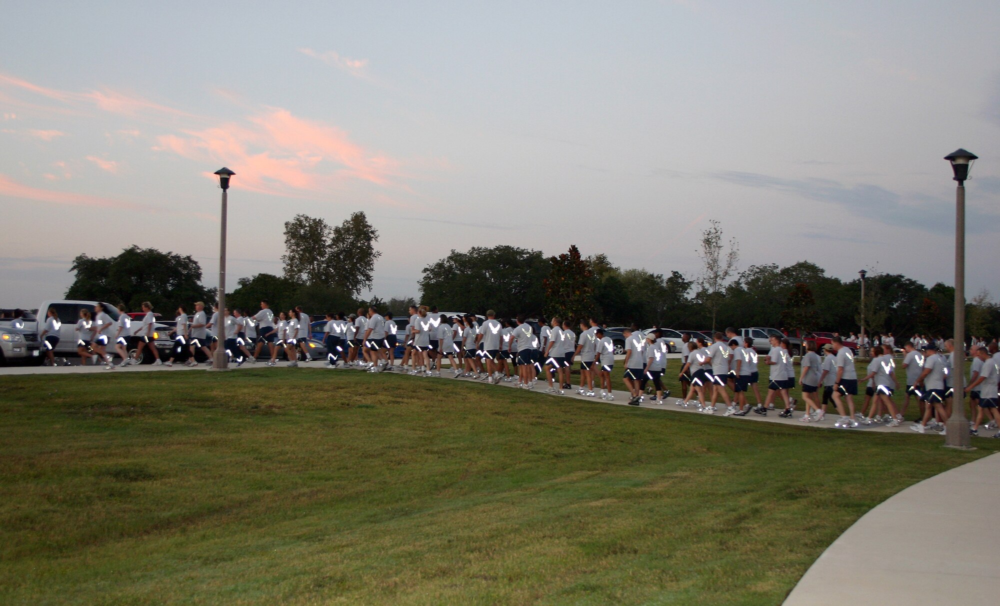 Air Force Personnel Center Airmen start out on a 1.8 mile unit run Sept. 23 at the Airmen Heritage Park on Randolph Air Force Base, Texas. This training event was the first of four monthly unit runs AFPC Airmen will hold to prepare for a formation run in January 2009. (U.S. Air Force photo/Maj. Beth Horine) 