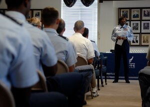 Chief Master Sgt. Bernise Belcer speaks to Air Force Reserve Officer Training Corps cadets at the Citadel, the Military College of South Carolina, Sept. 18 as part of a ceremony commemorating the birthday of the Air Force. Chief Belcer spoke about attributes of good leadership. Chief Belcer is the command chief master sergeant of the 437th Airlift Squadron. (U.S. Air Force photo/Airman 1st Class Katie Gieratz)