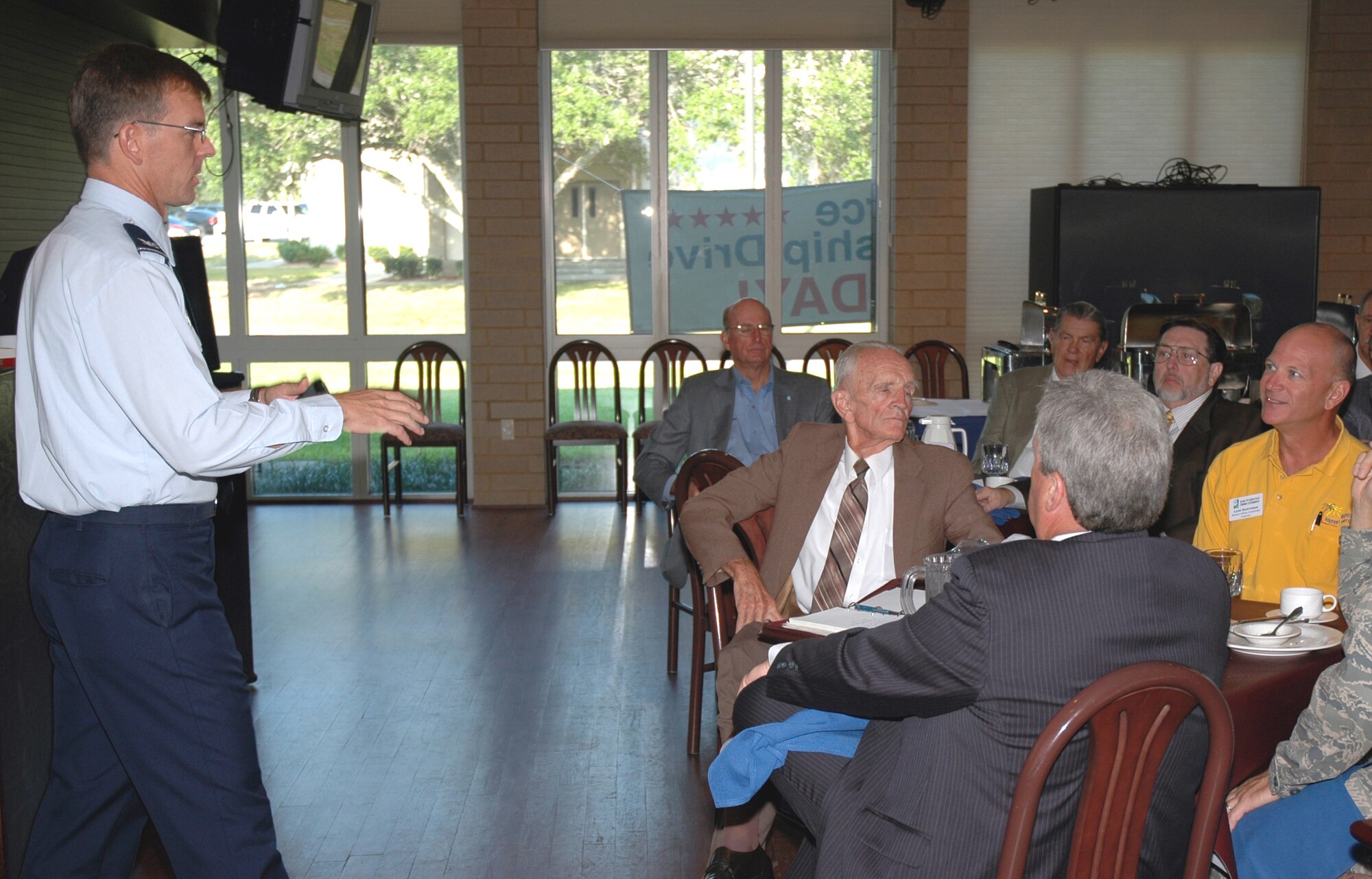 Col. Bruce McClintock, 96th Air Base Wing commander, provides an update on the base's Base Realignment and Closure initiatives to local mayors, civic leaders and Team Eglin commanders recently. (U.S. Air Force photo by Airman 1st Class Anthony Jennings)